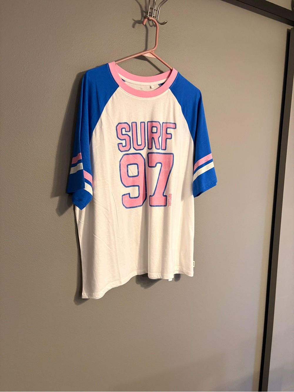 Rip Curl White Raglan Tee with Blue Sleeves & Pink Accents